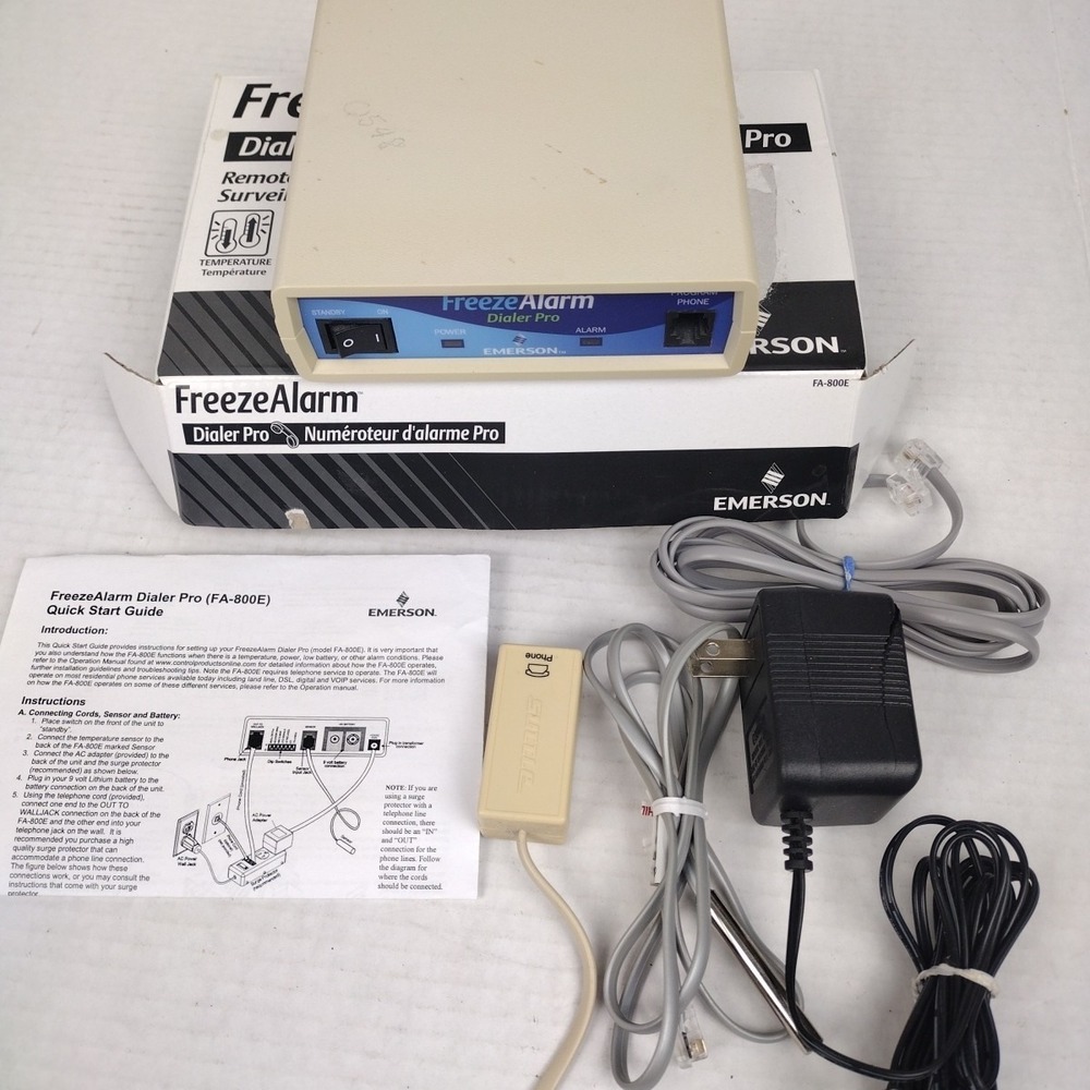 Emerson Freeze Alarm Dialer Pro FA-800E Base Unit In Box w/Cables and Power sup